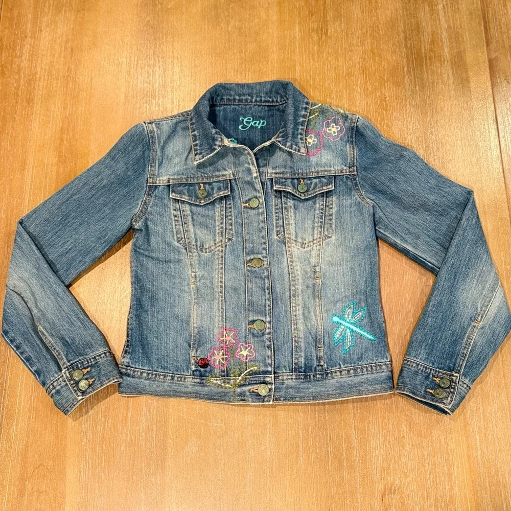 GAP Girl's Denim Jean Jacket Embroidered Flowers Blue‎ Button Up Sz XXL (14-16)